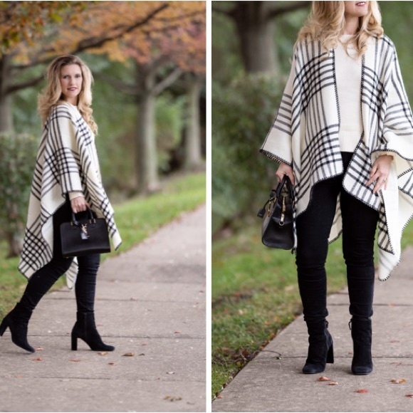 New Ann Taylor Windowpane Black White Plaid Winter Wool Poncho Shawl Scarf - Picture 1 of 5